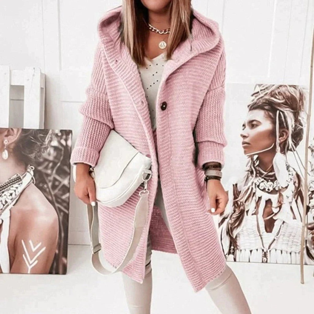 Women's long ribbed hooded cardigan with button front and oversized fit
