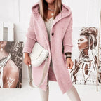 Women's long ribbed hooded cardigan with button front and oversized fit