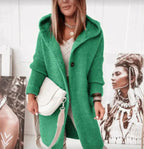 Women's long ribbed hooded cardigan with button front and oversized fit