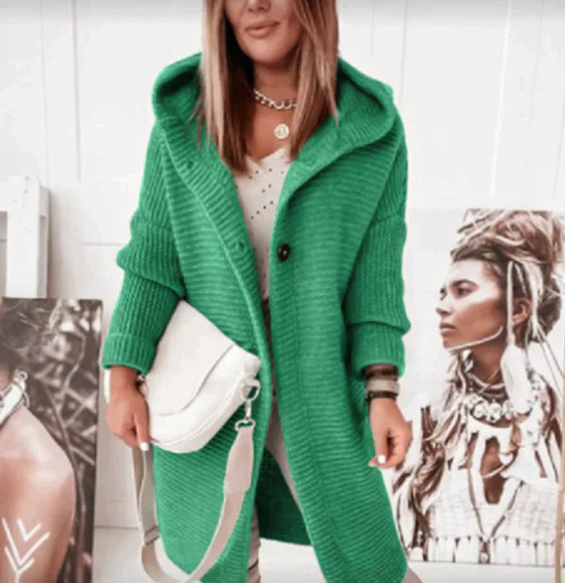 Women's long ribbed hooded cardigan with button front and oversized fit