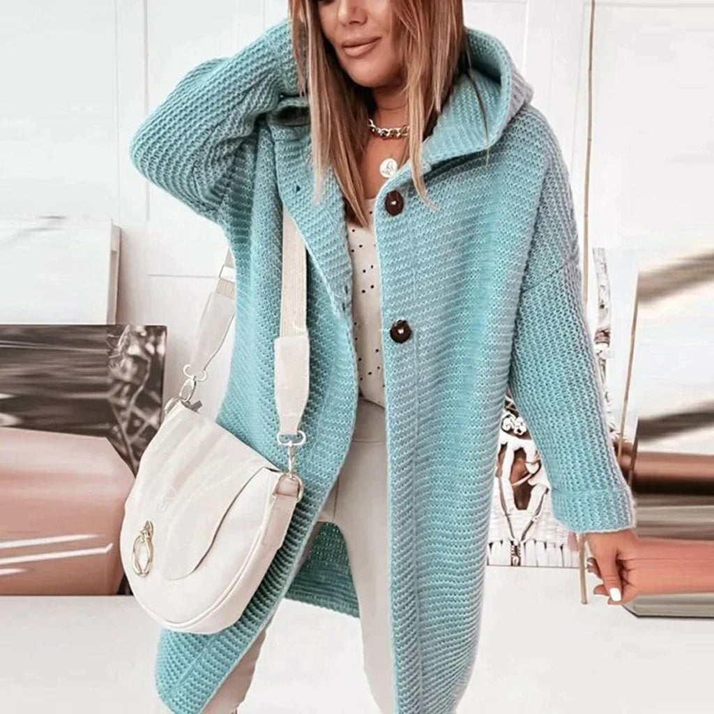 Women's long ribbed hooded cardigan with button front and oversized fit