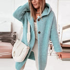 Women's long ribbed hooded cardigan with button front and oversized fit