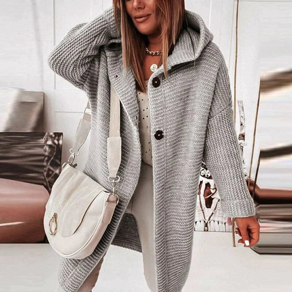 Women's long ribbed hooded cardigan with button front and oversized fit