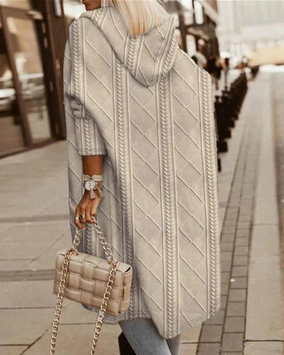 Women's long hooded cardigan with textured knit panels and open front