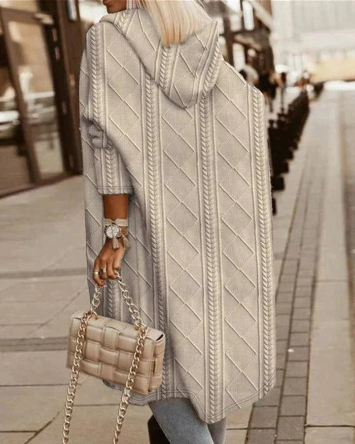 Women's long hooded cardigan with textured knit panels and open front