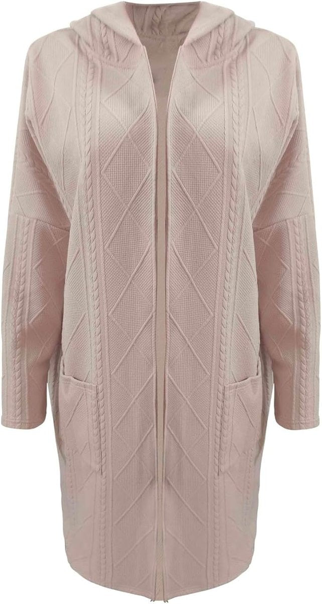 Women's long hooded cardigan with textured knit panels and open front