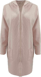 Women's long hooded cardigan with textured knit panels and open front