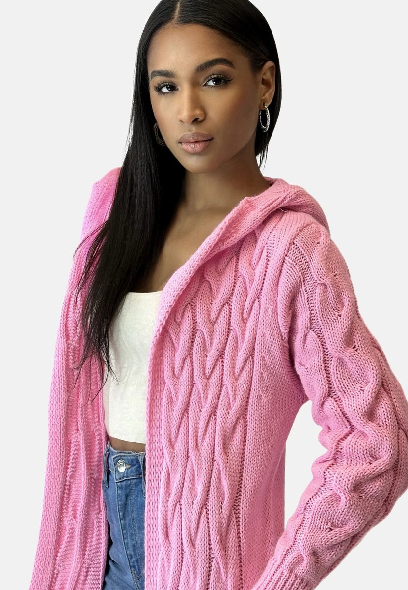 Women's long hooded cardigan with textured knit panels and open front