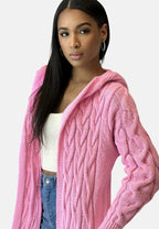 Women's long hooded cardigan with textured knit panels and open front