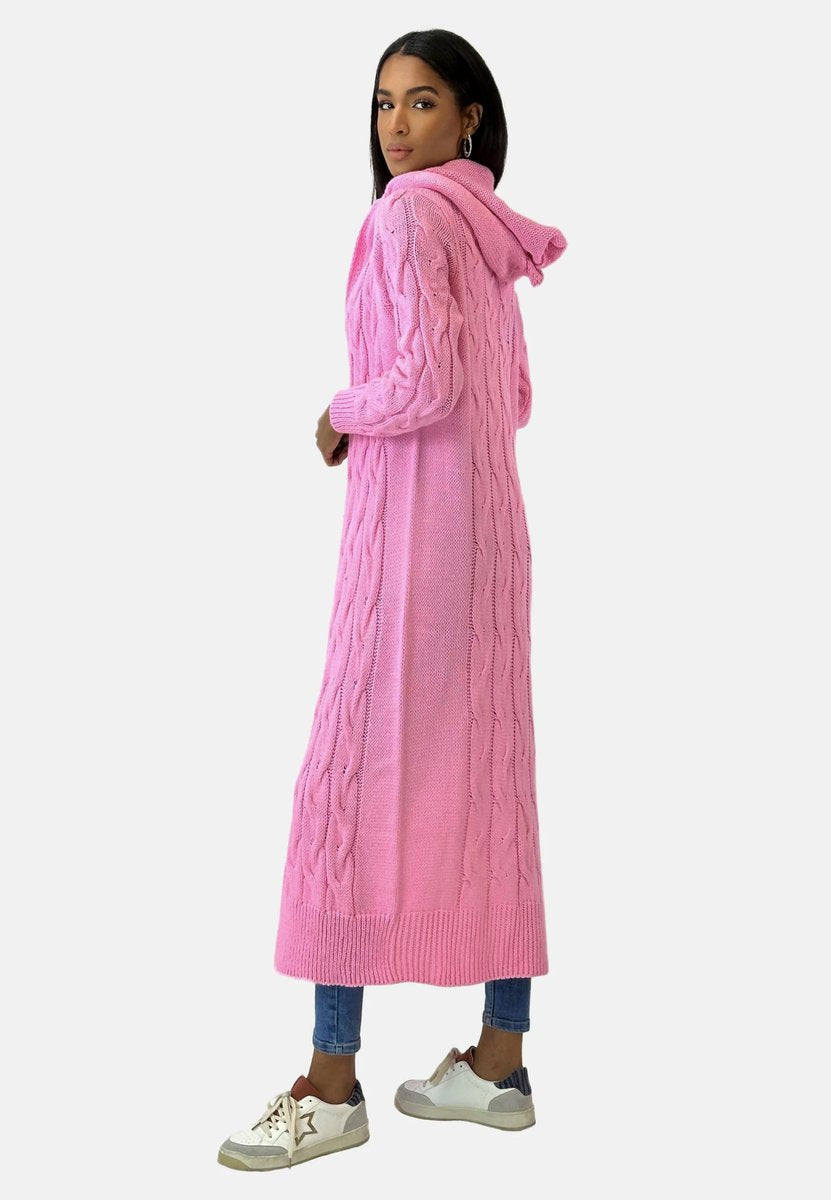 Women's long hooded cardigan with textured knit panels and open front