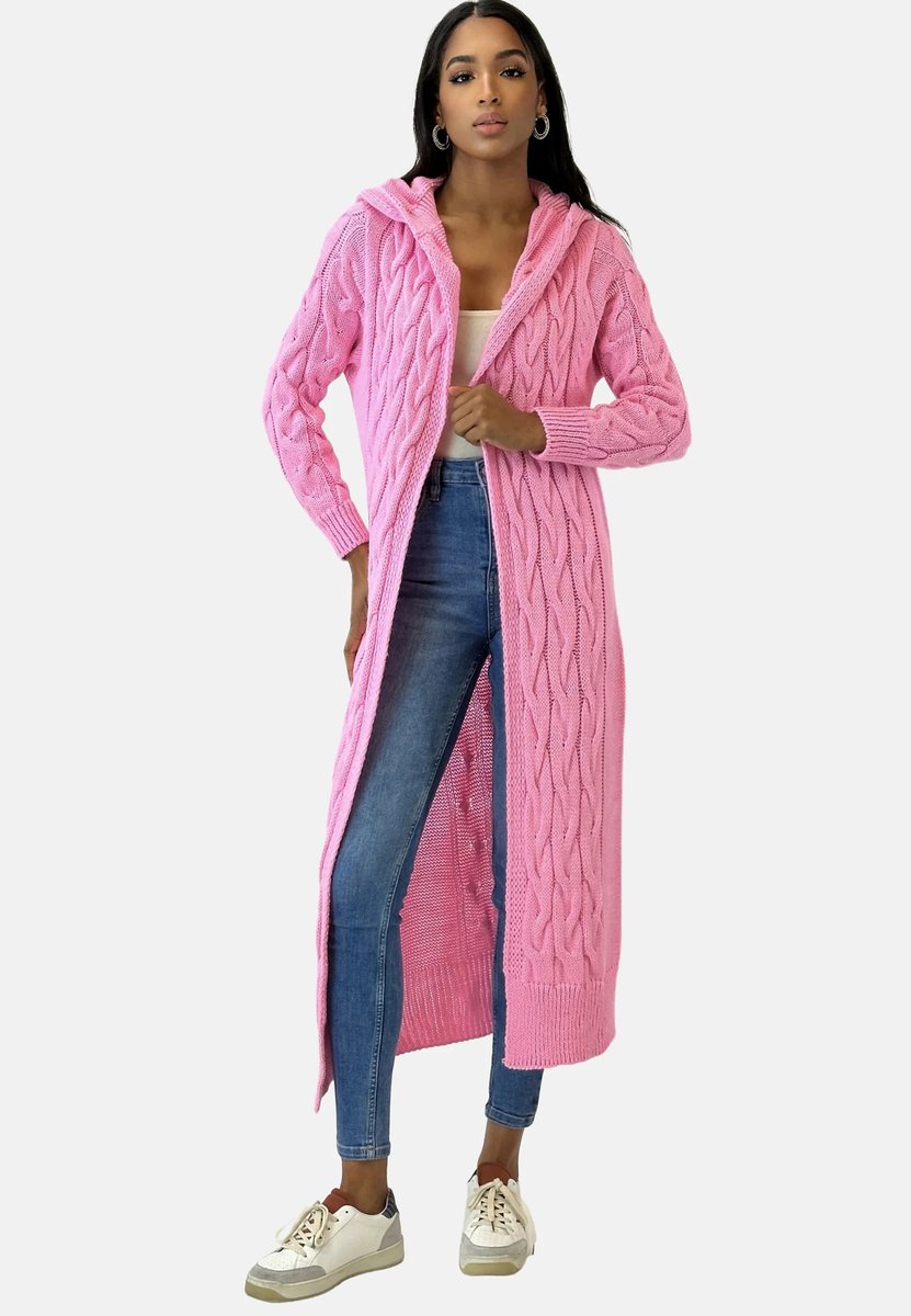 Women's long hooded cardigan with textured knit panels and open front