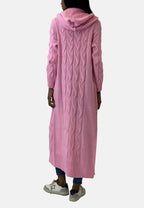 Women's long hooded cardigan with textured knit panels and open front