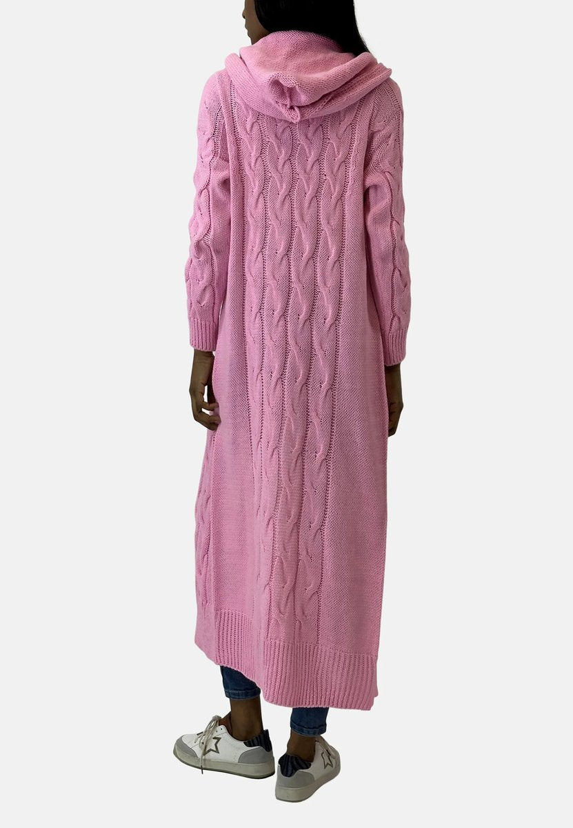 Women's long hooded cardigan with textured knit panels and open front