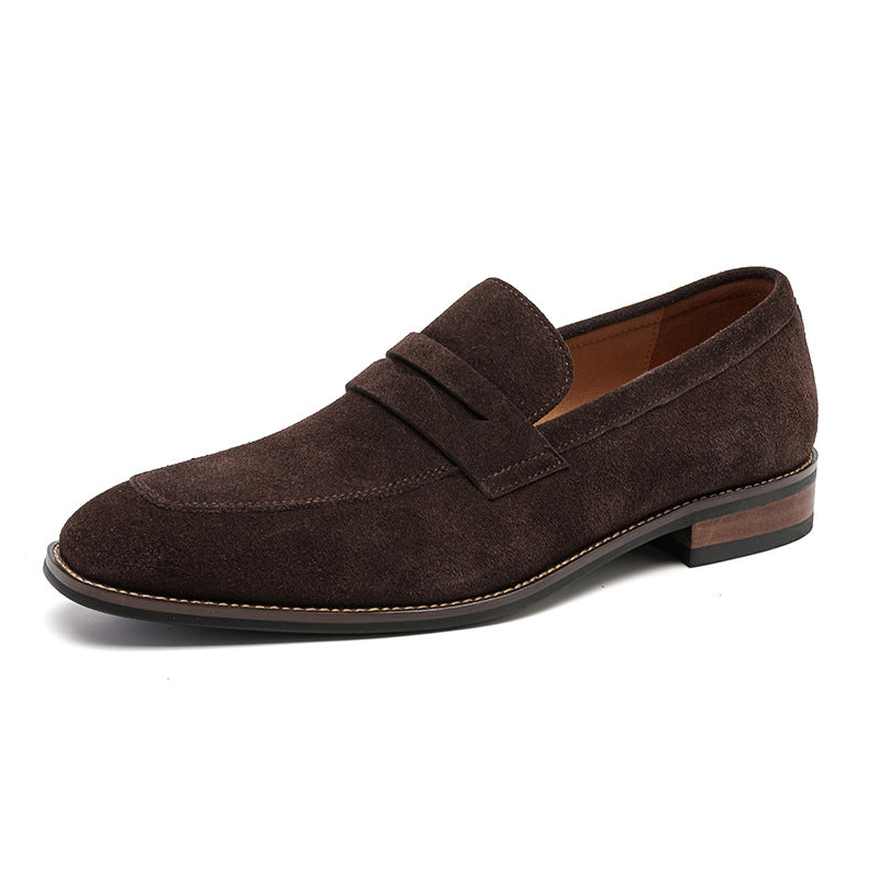 Men's penny loafer with almond toe, vamp strap and low heel
