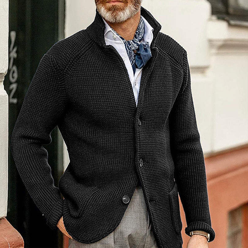 Men's textured knit cardigan with stand collar and button front