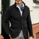 Men's textured knit cardigan with stand collar and button front