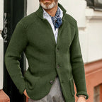 Men's textured knit cardigan with stand collar and button front
