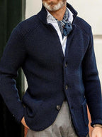 Men's textured knit cardigan with stand collar and button front