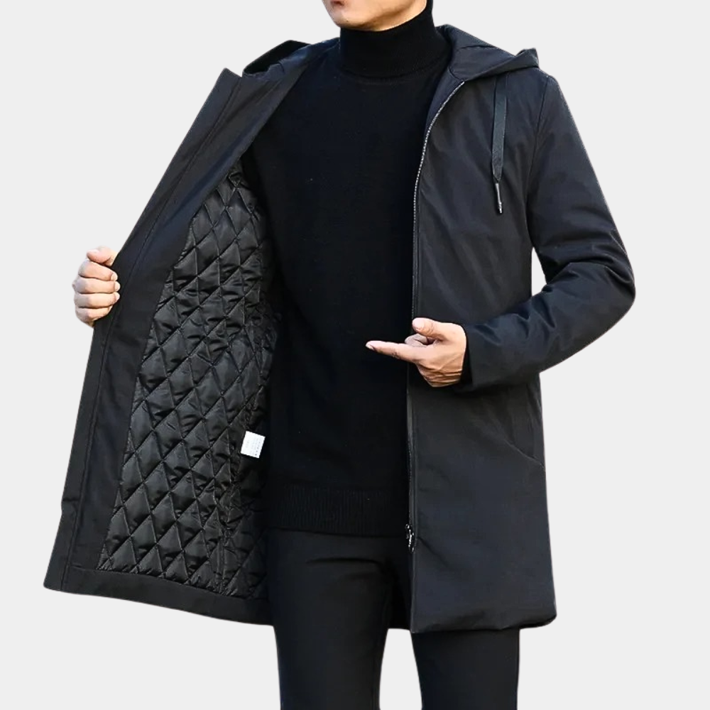 Men's long hooded coat with zip front and diamond-quilted lining