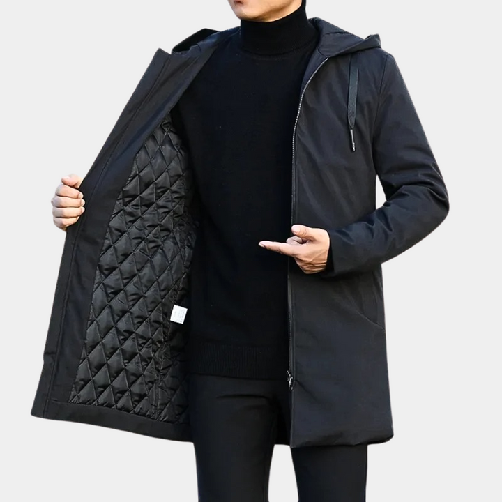Men's long hooded coat with zip front and diamond-quilted lining