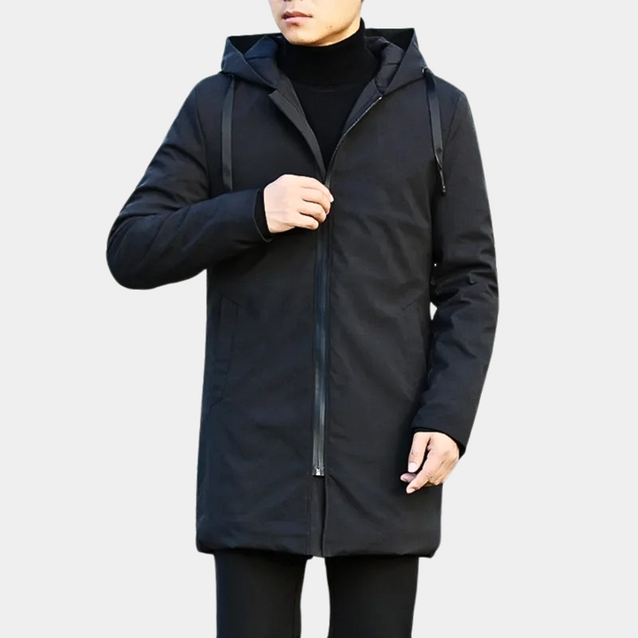 Men's long hooded coat with zip front and diamond-quilted lining