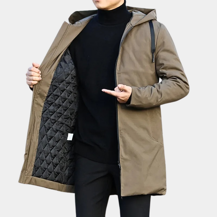 Men's long hooded coat with zip front and diamond-quilted lining