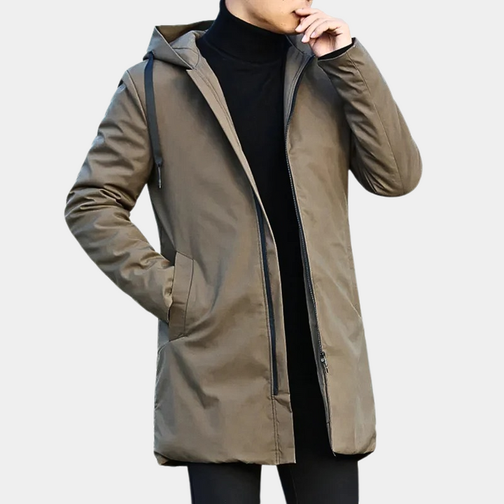 Men's long hooded coat with zip front and diamond-quilted lining
