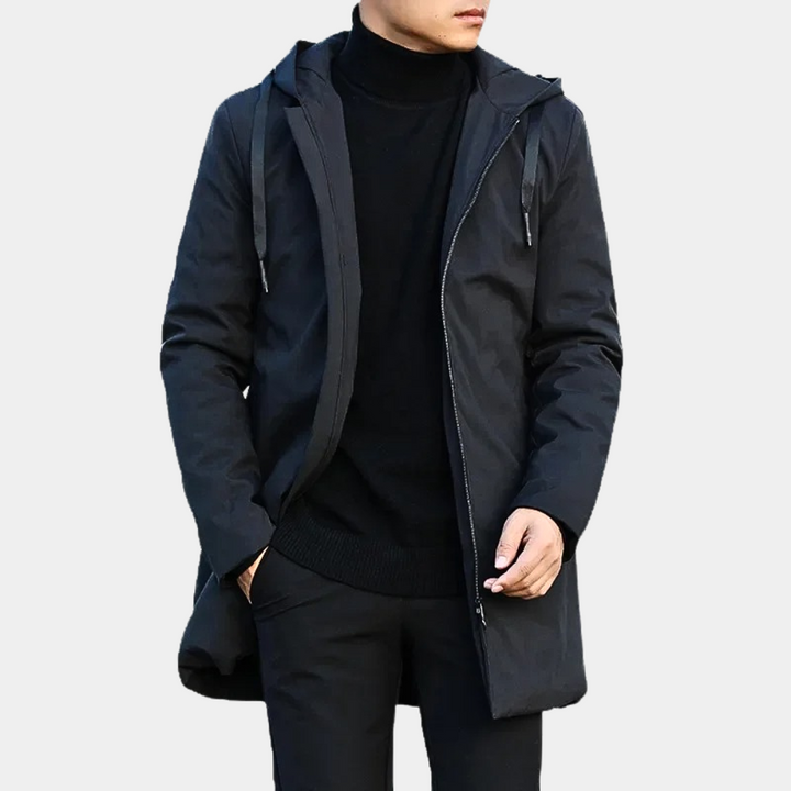 Men's long hooded coat with zip front and diamond-quilted lining