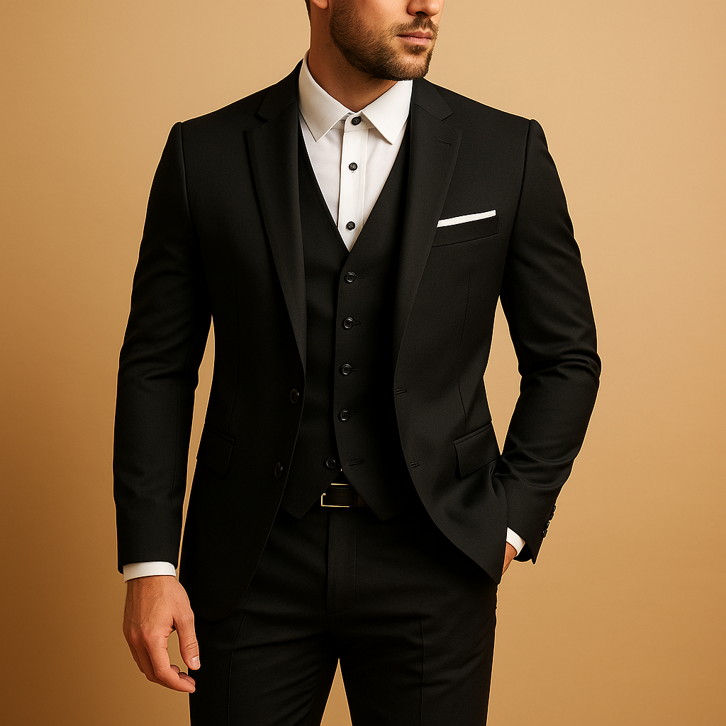 Men's three piece suit with notch lapels and button waistcoat