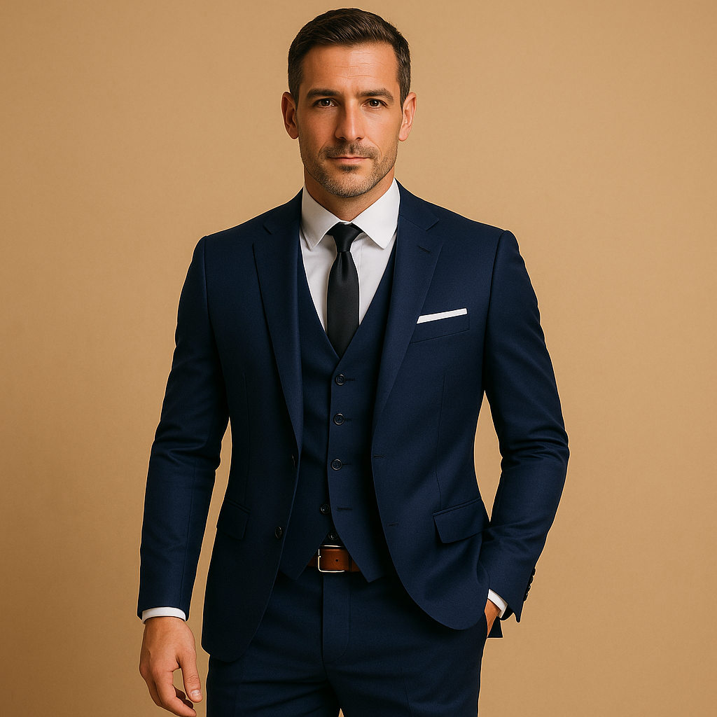 Men's three piece suit with notch lapels and button waistcoat