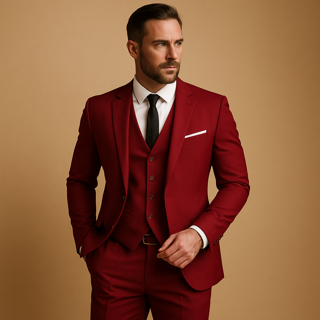 Men's three piece suit with notch lapels and button waistcoat