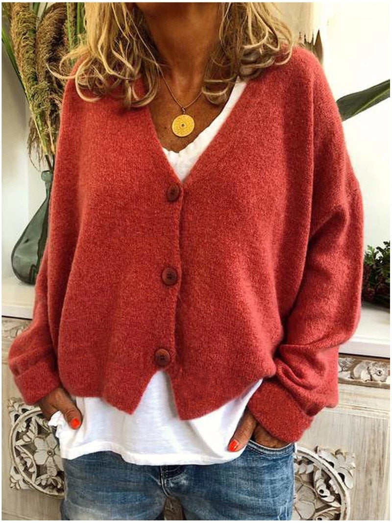 Women's long-sleeve V-neck button cardigan shown in multiple colours