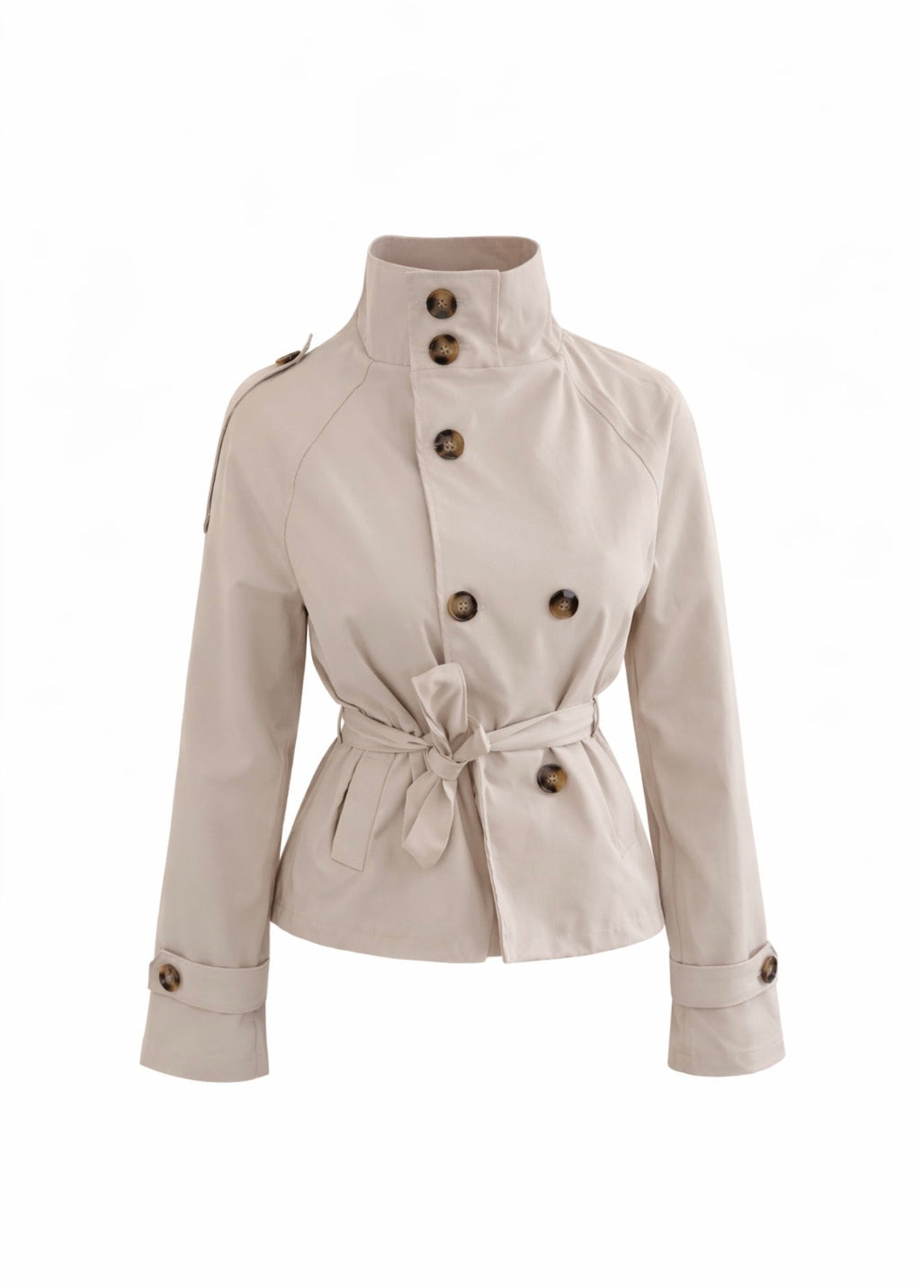 Women's beige cropped trench jacket with stand collar and tie belt