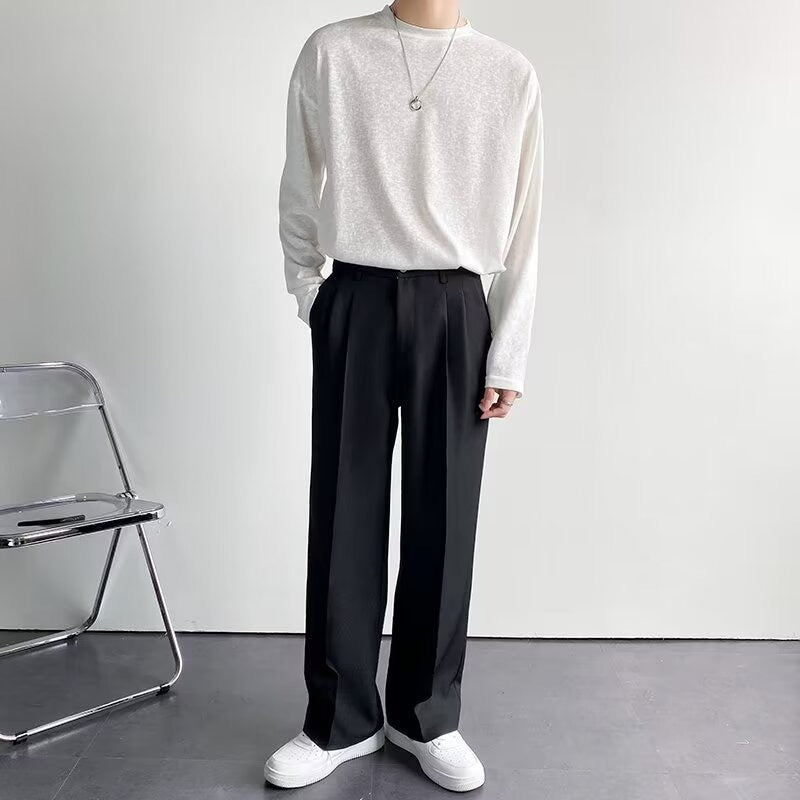 High-waist pleated straight-leg trousers with belt loops