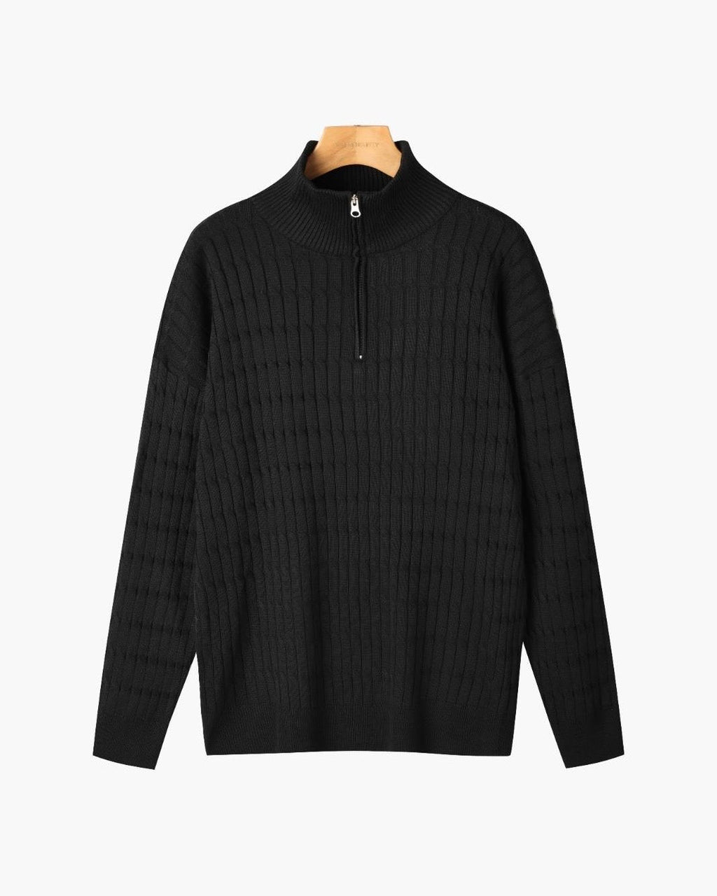 Half-zip ribbed sweater with mock neck and long sleeves