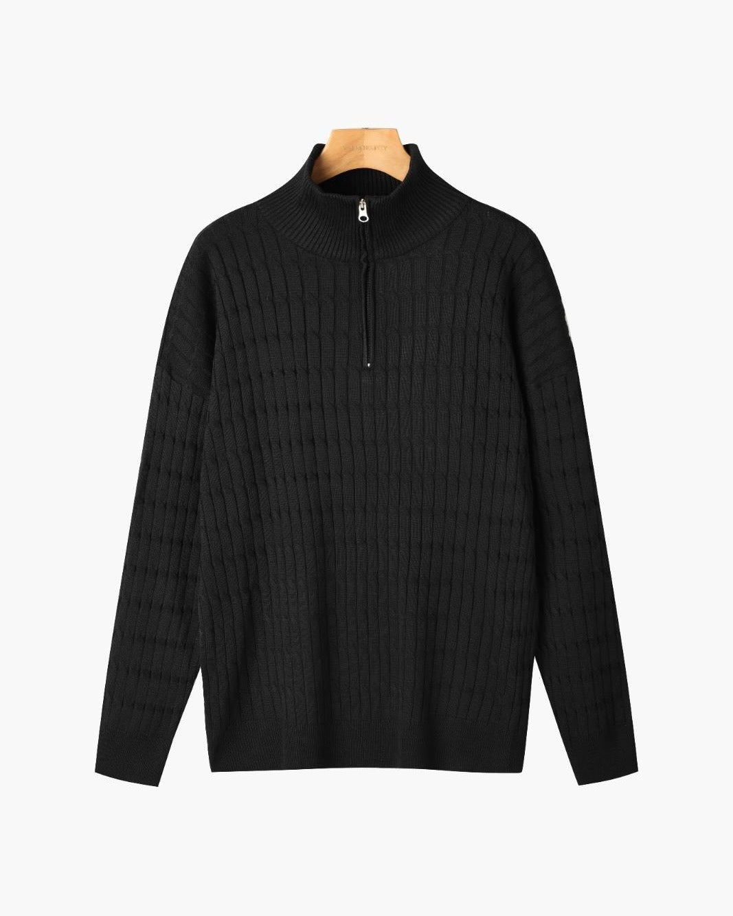 Half-zip ribbed sweater with mock neck and long sleeves