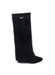 Black over-the-knee boots with pointed toes and wedge heels