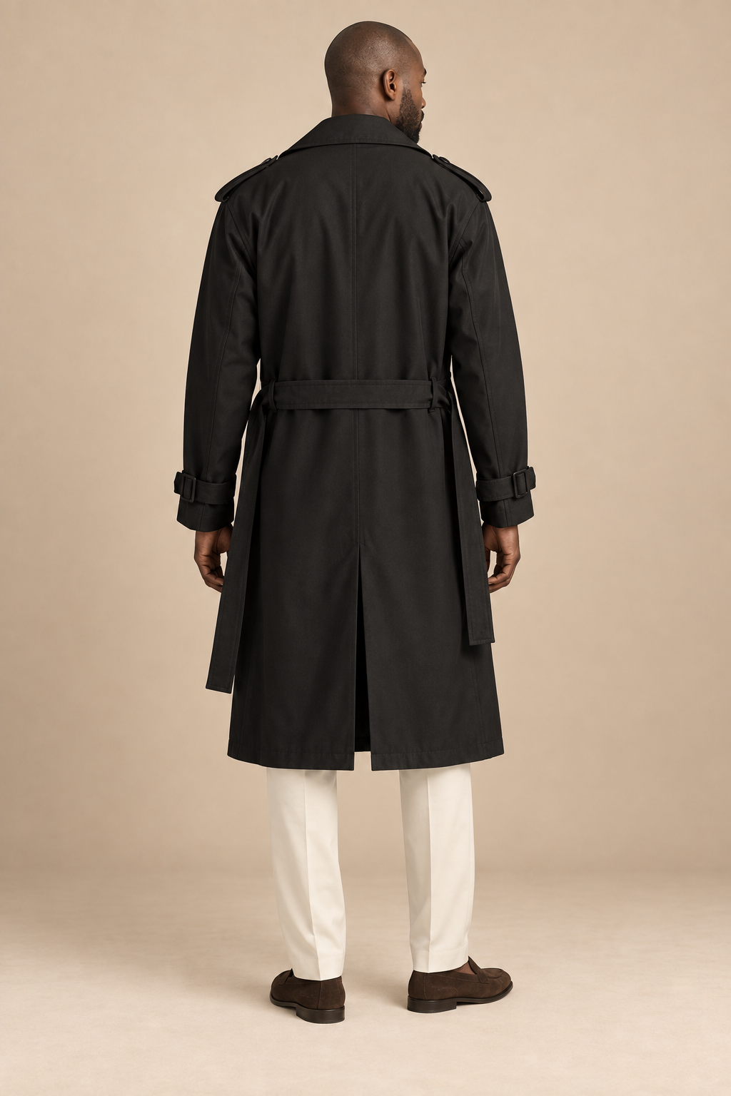 Men's double-breasted trench coat with a waist belt and epaulettes