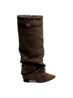 Women's brown slouch knee-high boots with pointed toes