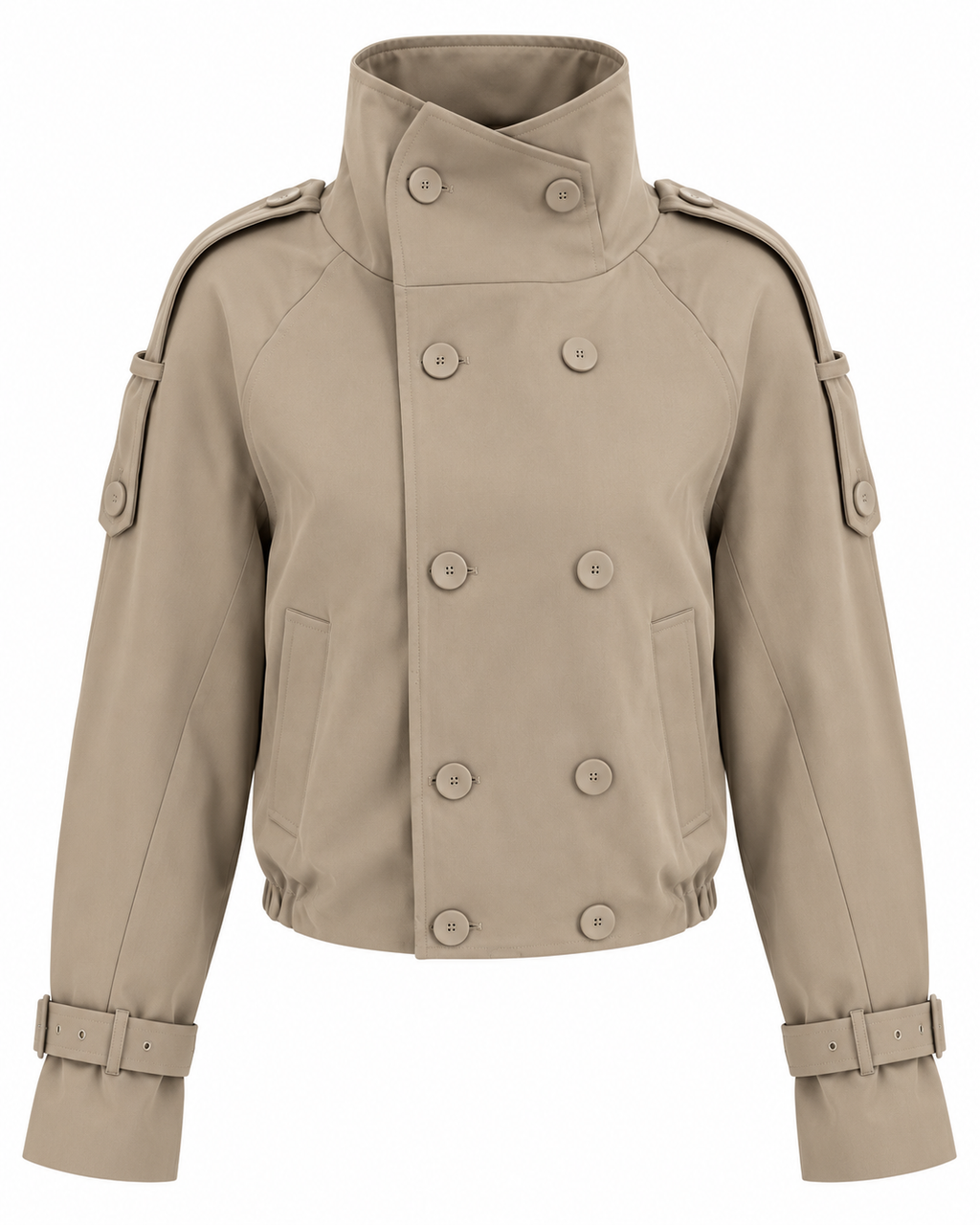 Women's beige cropped double-breasted trench jacket with high collar and belted cuffs