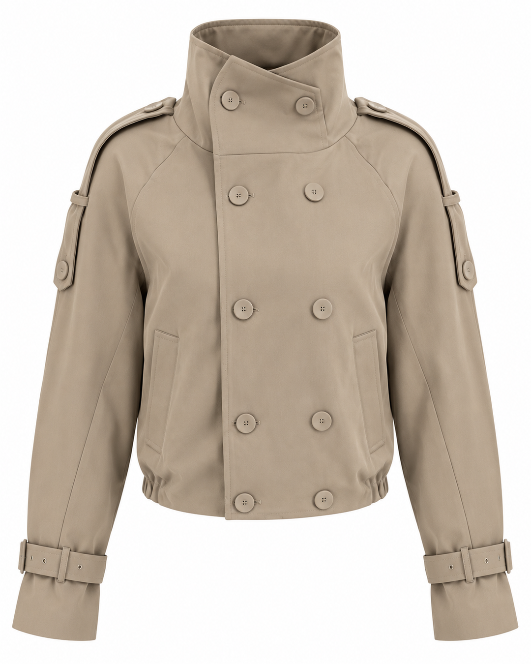 Women's beige cropped double-breasted trench jacket with high collar and belted cuffs