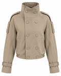 Women's beige cropped double-breasted trench jacket with high collar and belted cuffs