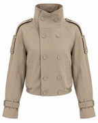 Women's beige cropped double-breasted trench jacket with high collar and belted cuffs