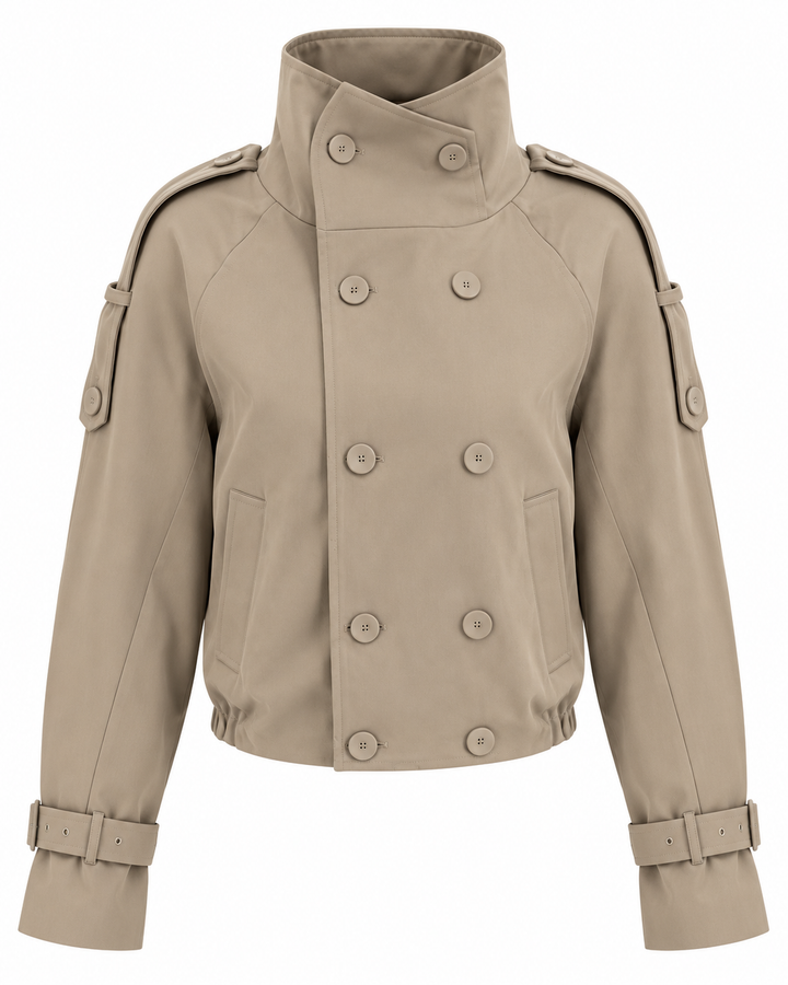 Women's beige cropped double-breasted trench jacket with high collar and belted cuffs