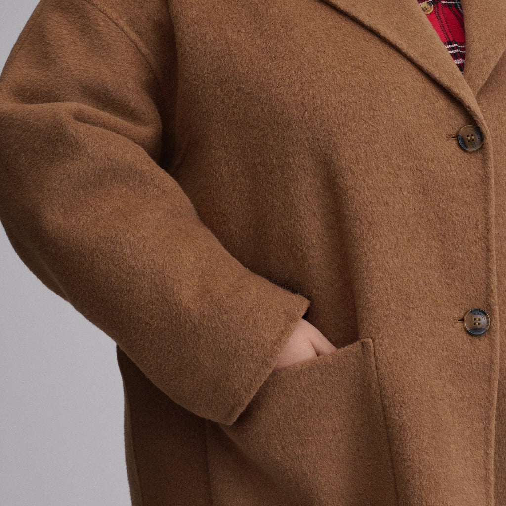 Women's camel long coat with notched lapels, front buttons and patch pockets