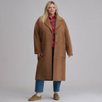 Women's camel long coat with notched lapels, front buttons and patch pockets