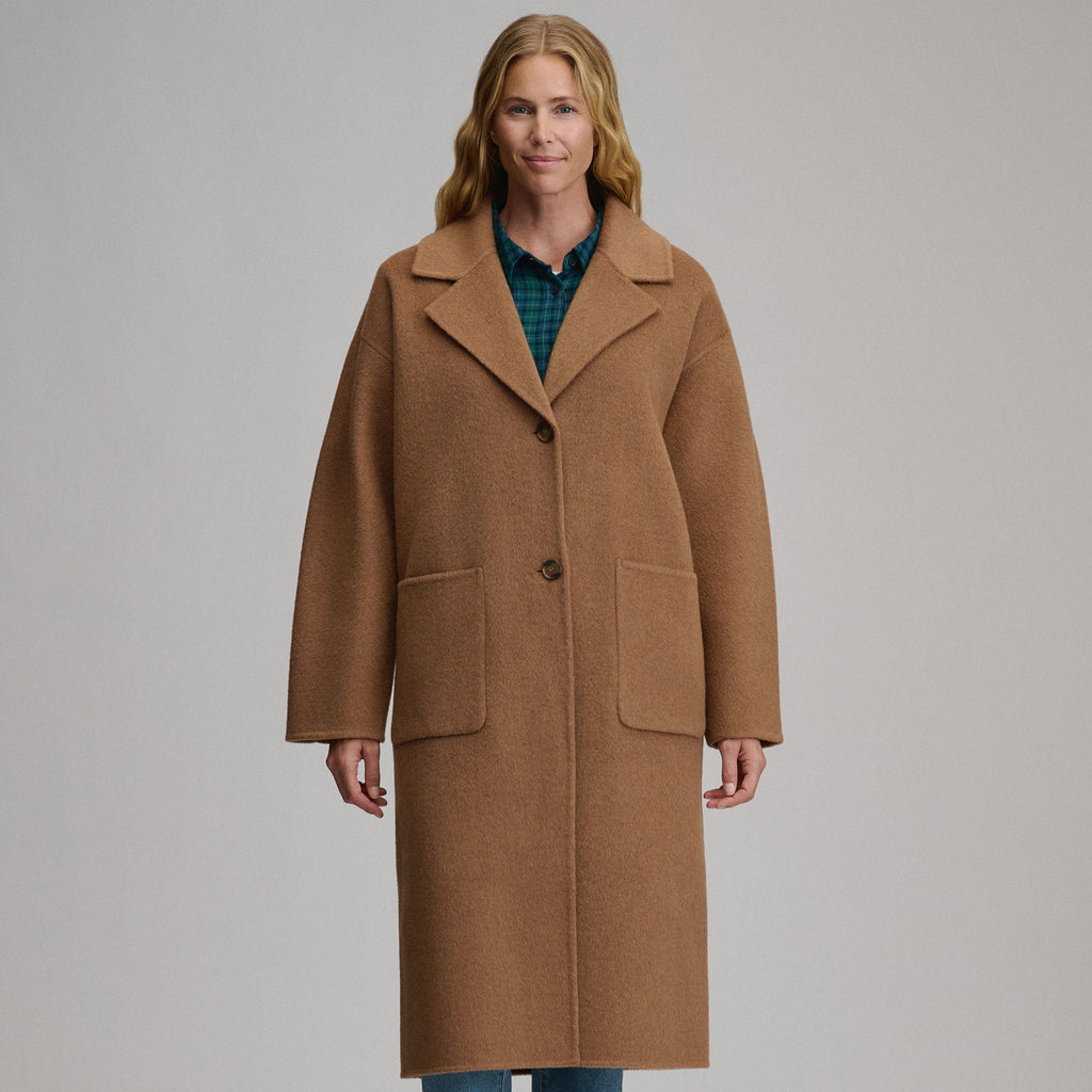 Women's camel long coat with notched lapels, front buttons and patch pockets