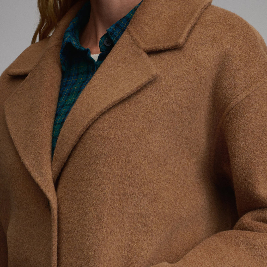 Women's camel long coat with notched lapels, front buttons and patch pockets