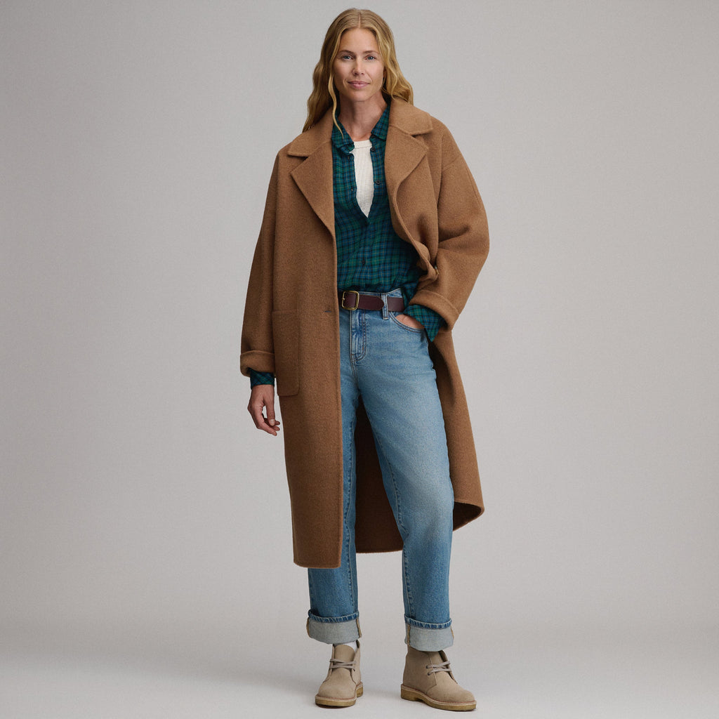 Women's camel long coat with notched lapels, front buttons and patch pockets