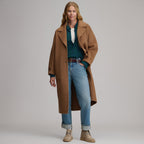 Women's camel long coat with notched lapels, front buttons and patch pockets